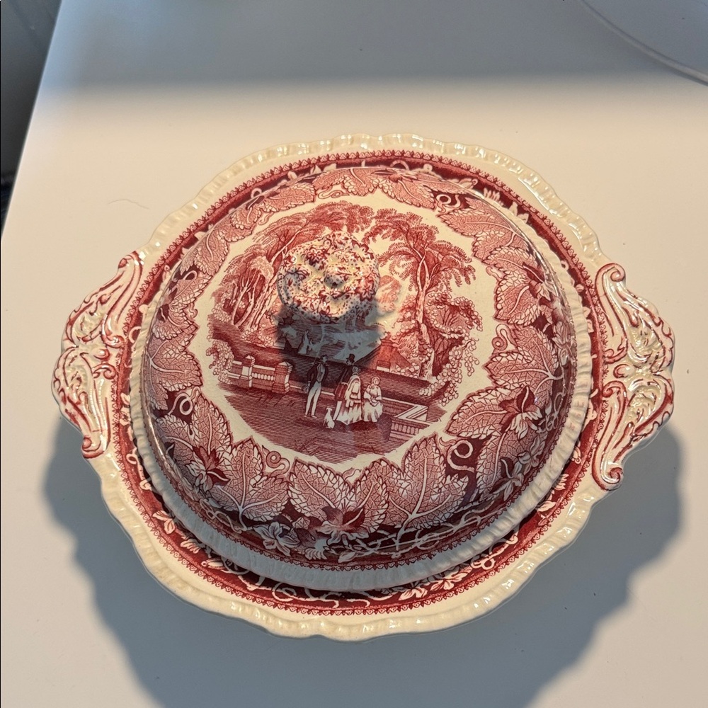 Mason's Vista England Red Scene Ironstone Covered Handled Serving Dish